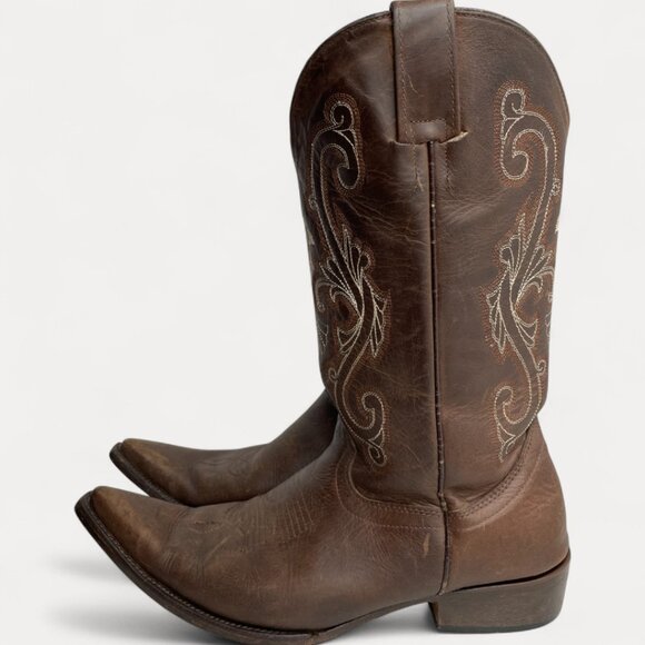 Cold River Brown Leather Embroidered Western Cowboy Boots Men's 9 D - Picture 8 of 16